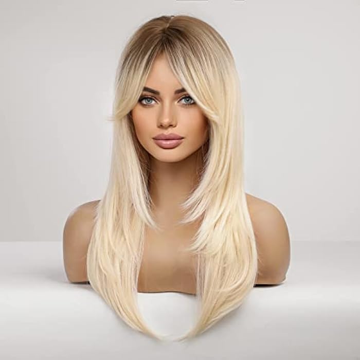 DILLARDS Haircube Synthetic Layered Long Blonde Hair Wigs With Dark Roots With Bangs For Women - Image 4
